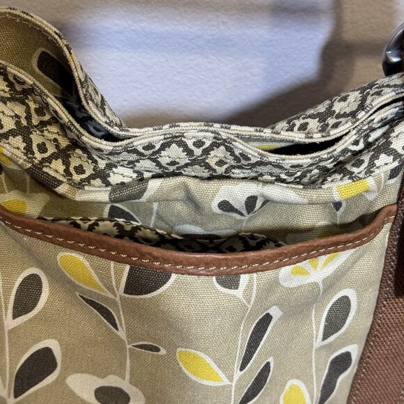 Fossil Floral Canvas Purse Bag 6 Pockets Two Handles 18”x14” Boho - Picture 7 of 9
